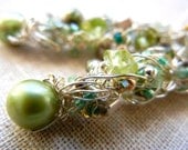 Peridot Green and Silver Dangle earrings - Knitted wire with pearls, Miyuki seed beads, crystals