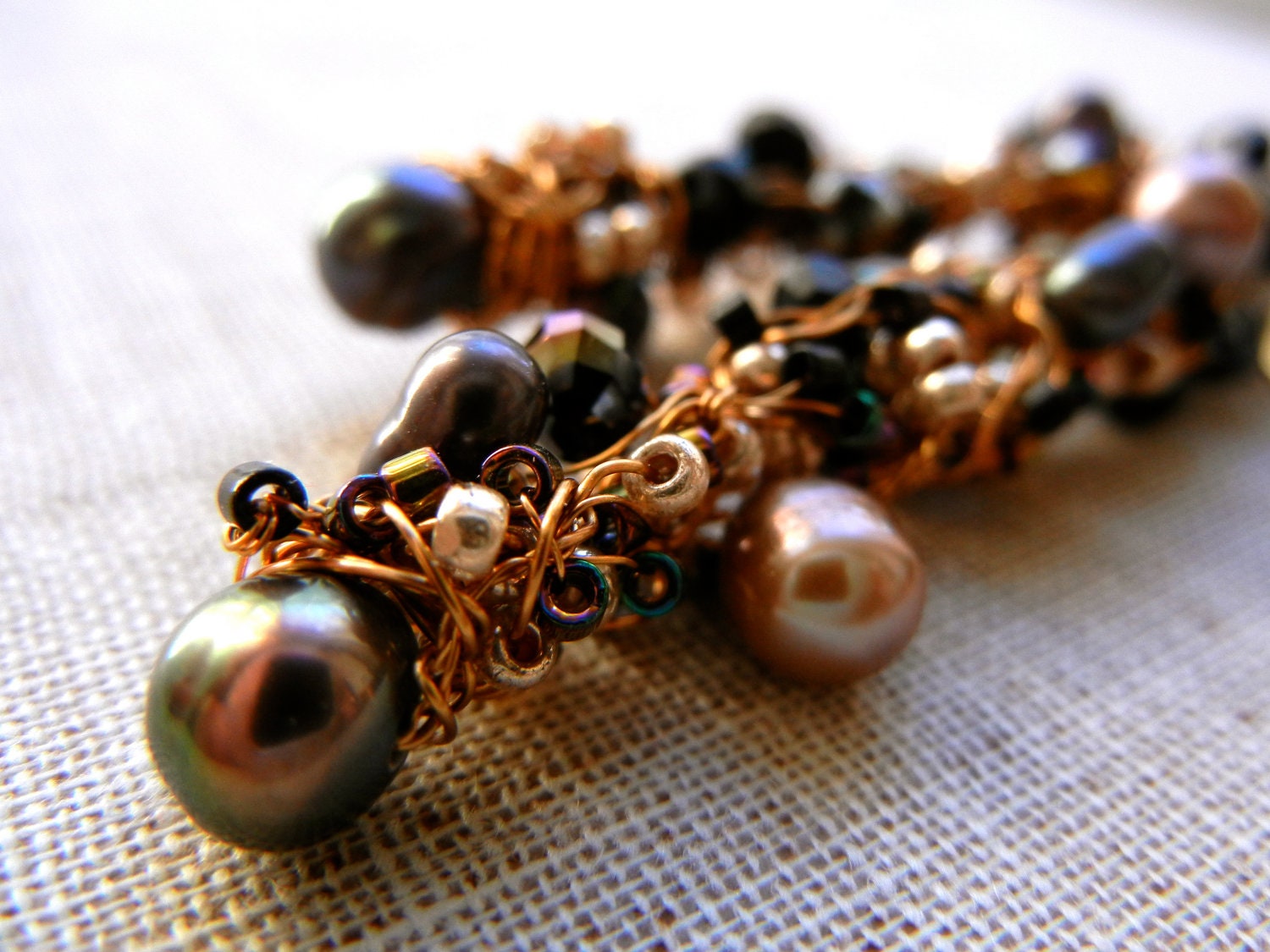 Glamorous Golden earrings with crystals and pearls - Knitted wire with pearls, Miyuki seed beads, crystals
