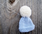Tiny Hand Knit Hat Ornament - Cyber Monday Etsy Christmas Tree Decor - Baby Blue & White
