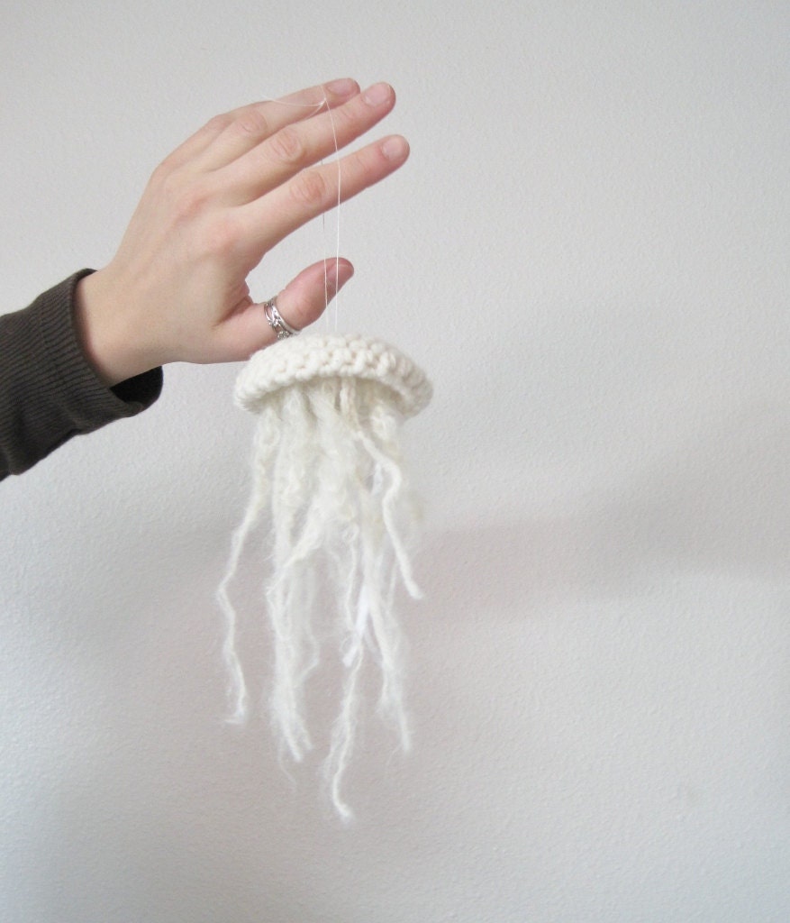 Handmade Jellyfish Textile Sculpture - Moon Jellyfish / Sea Nettle Amigurumi in Merino Wool, Mohair, Silk Ribbon - Ready to Ship