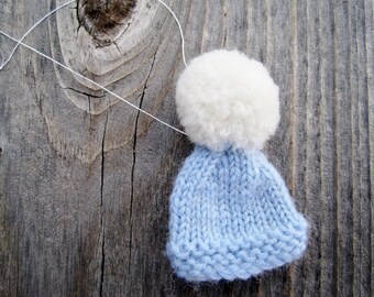 Tiny Hand Knit Hat Ornament - Cyber Monday Etsy Christmas Tree Decor - Baby Blue & White