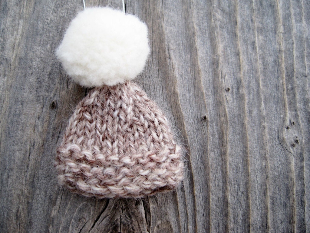 Knit Christmas Tree Ornament - Cottontail Hand Knit Tiny Tree-Trimming Pompom Cap - Natural White, Fawn Brown