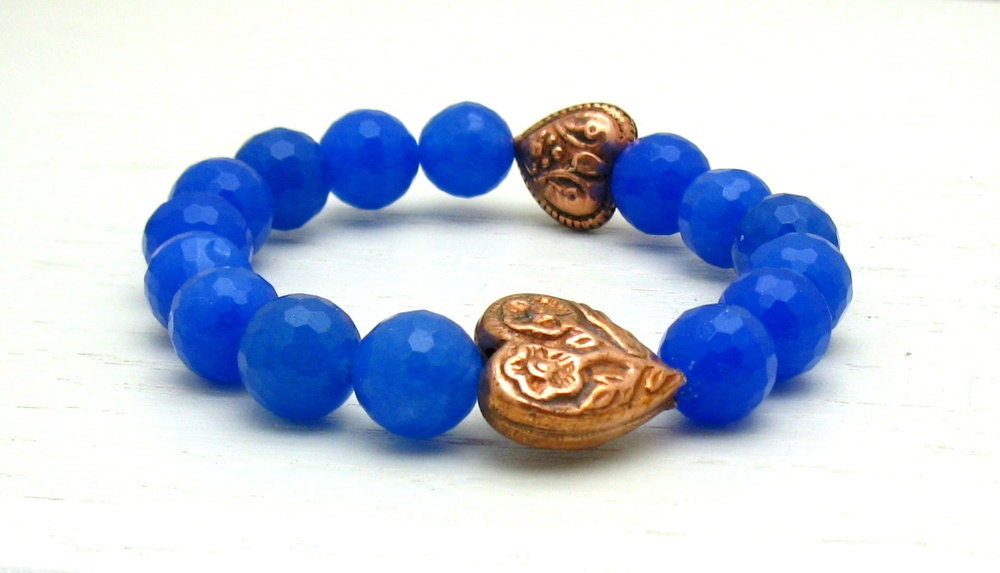 Cobalt Blue Copper Heart Beaded Bracelet - Bonnie / SMALL WRIST NEEDED / Faceted Quartz / Copper Etched Heart / Love / Teacher Gift