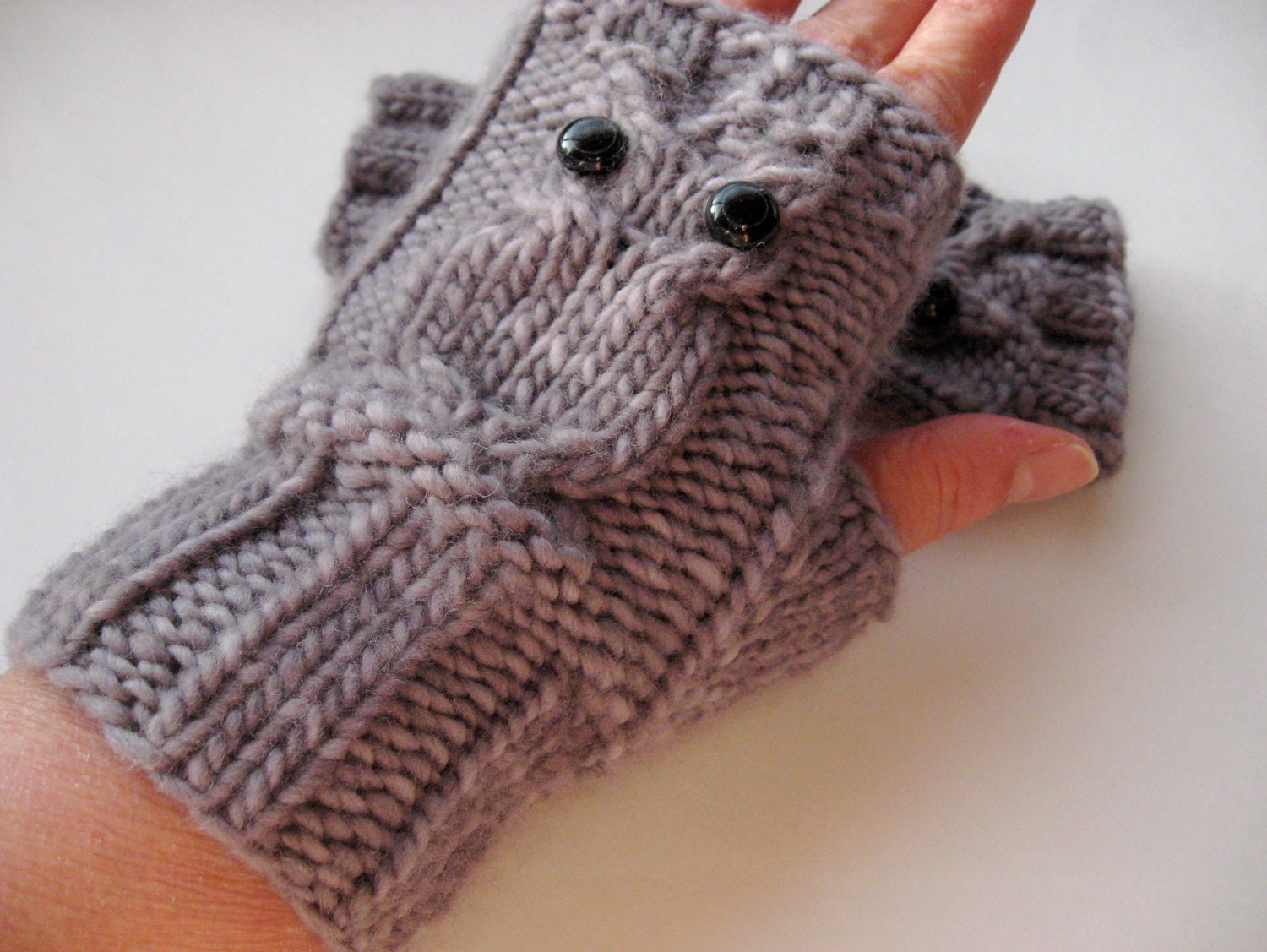 Owl Fingerless Gloves Mittens - Merino Wool - Grey