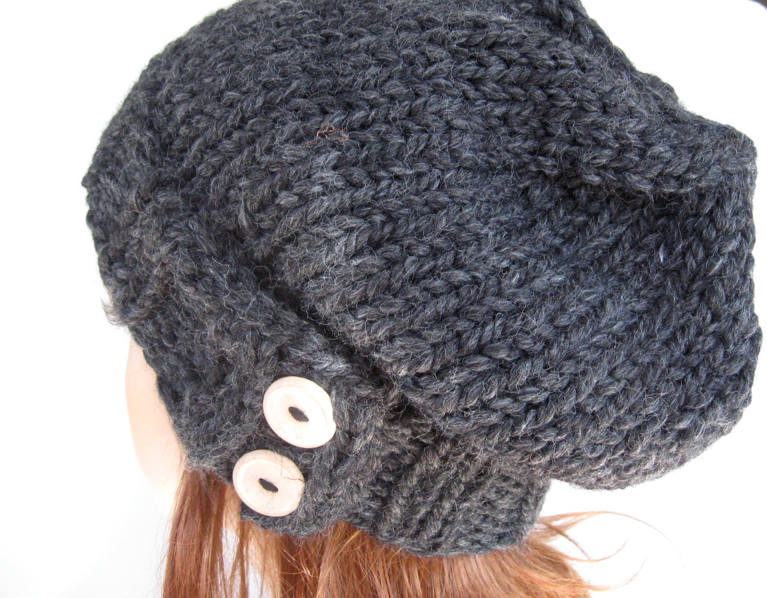 Slouchy Knit Hat, Cloche Hat, Chunky Wool Hat - Charcoal Grey
