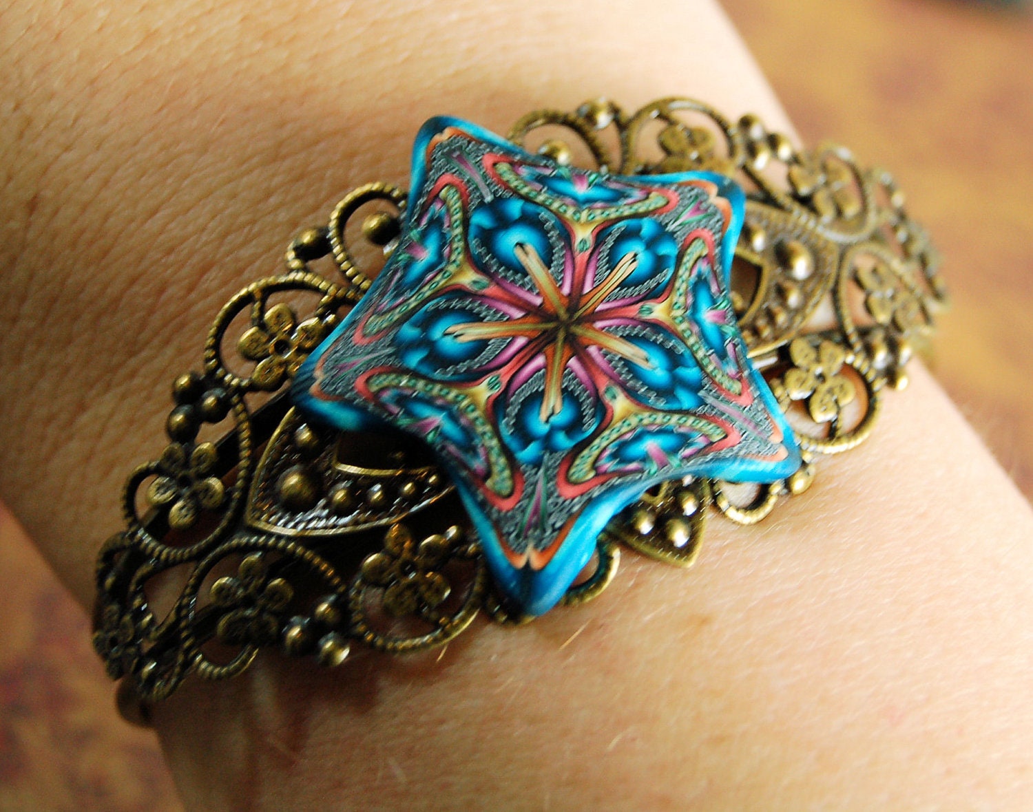 Polymer Clay Kaleidoscope Embellished Brass Cuff Bracelet - 'One Love', v2