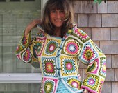 Crochet Doily Granny Square Colorful Sweater - Custom Sizes 0 to 18 - Asymmetrical Hoodie Cardigan by Annie Briggs 'Faith'