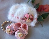 Shabby Chic Luxury- Baby Hat and Booties Set offers Rich, delicious comfort for Baby