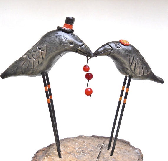 Crows in Love with red berries Folk Art wedding cake topper