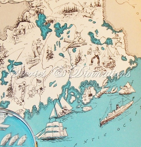 Fun Maine Map - Aqua - Cottage Chic - 1930s Maine - A Fun and Funky Little Vintage Picture Map of Maine to Frame