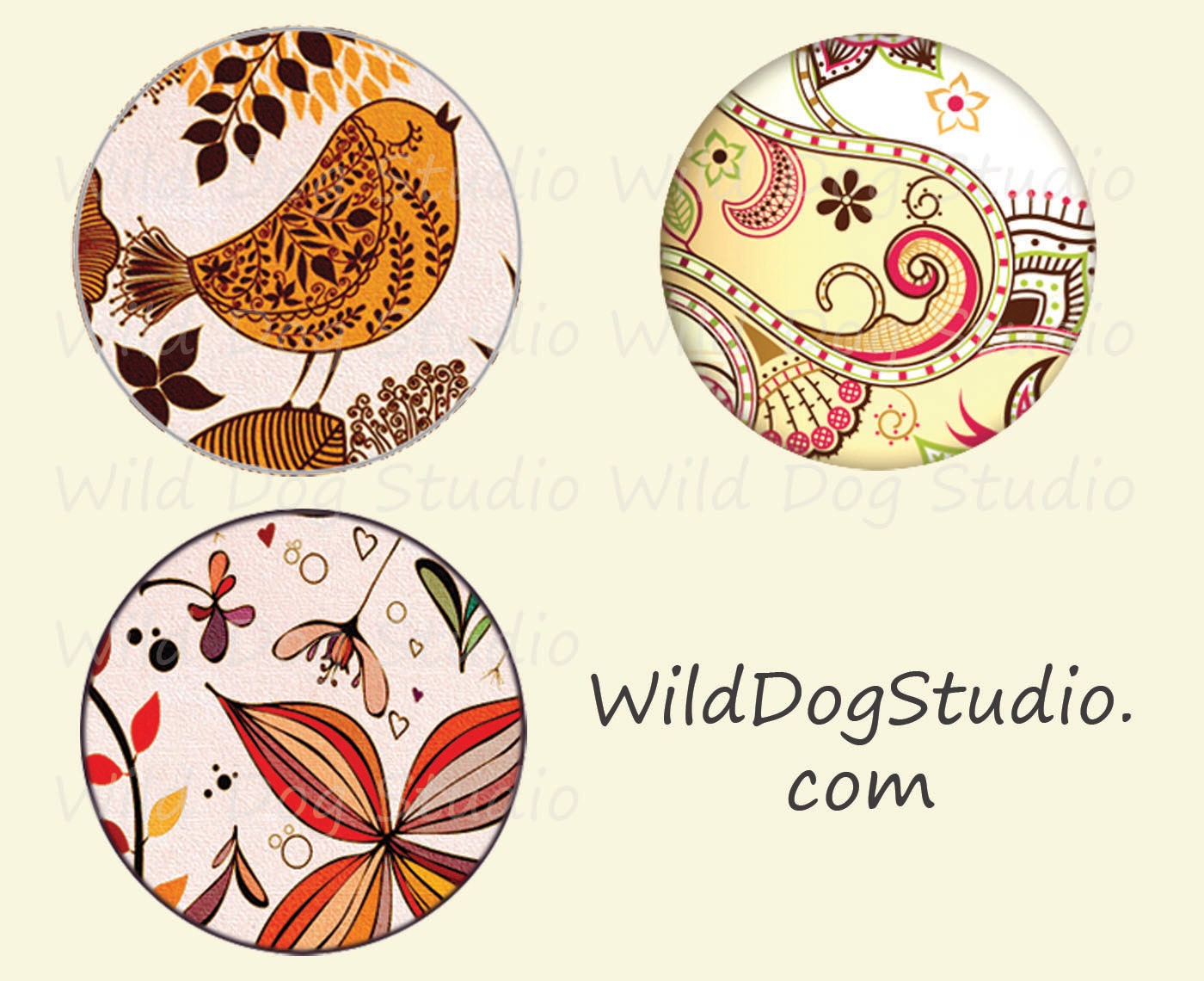 Birds and Flowers 1 - 3 Button Toppers or Pin Back Buttons - Extra Buttons for Rings or Necklace