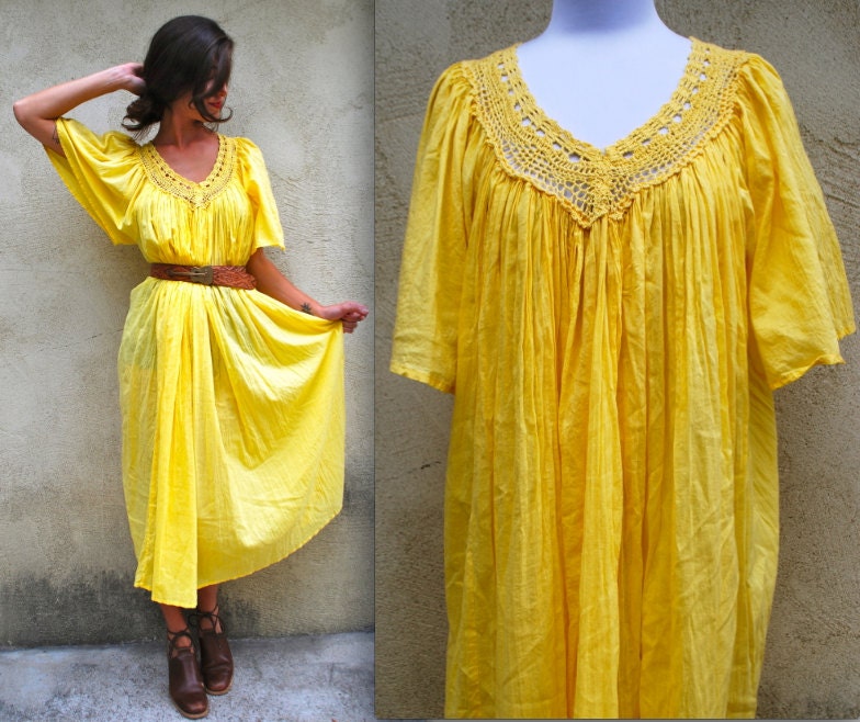 Vintage 80s 90s Yellow Cotton Tent Dress