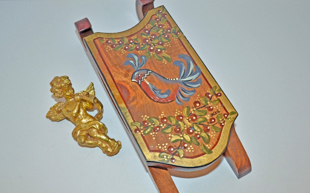 SALE Vintage Folk Art Painted Sled (FEATURED)  home decor christmas antique collectibles bird painting wood winter toy decoration display