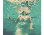 Underwater Photograph,  Dive, 8x8 Print, Woman Swimming Print, Teal Blue, Turquoise,  Female Figure