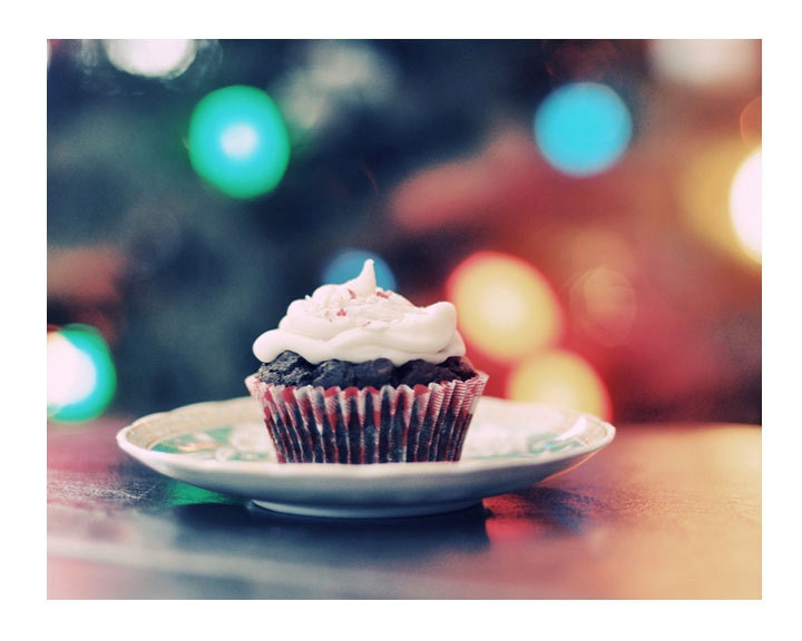 Food Photography, Christmas Cupcake, 5x7 Print, Colorful Photo, Holiday Lights, Red, Yellow, Green