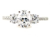 Oval White Sapphire Engagement Ring 14K 3 Stone Diamond Sapphire Ring Custom Bridal Jewelry