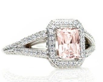 Radiant Morganite Engagement Ring Split Shank with Diamond Halo Morganite Ring Custom Bridal Jewelry