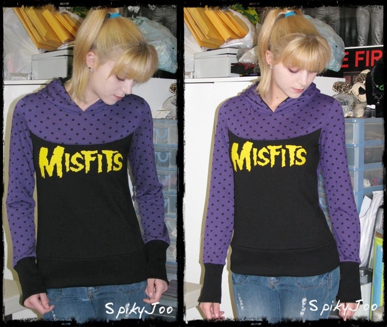 SALE Misfits Hoodie with Purple Polka Dots Fabric Punk Rock and Girly Spikyjoo