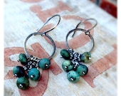 Fine Silver Oxidized Hoops with Turquoise Jasper Dangles