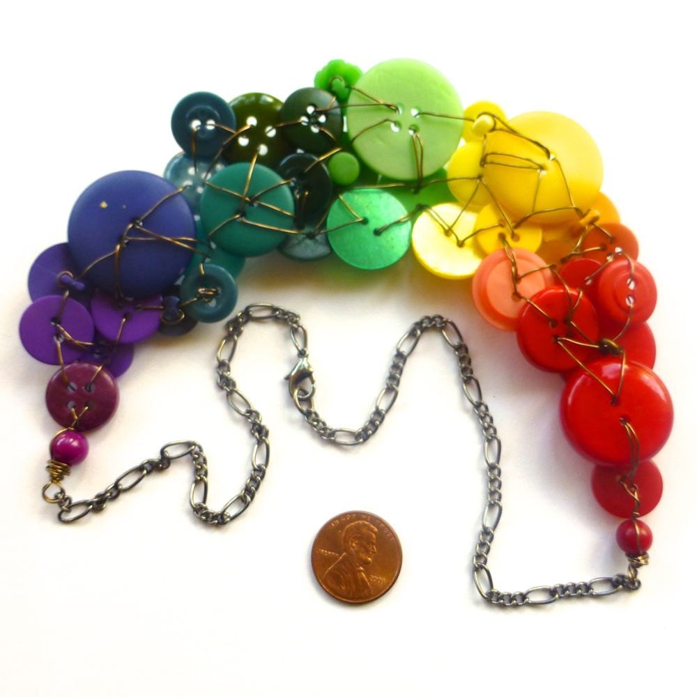Huge Button Bib Statement Necklace - Bold Bright Colorful Rainbow