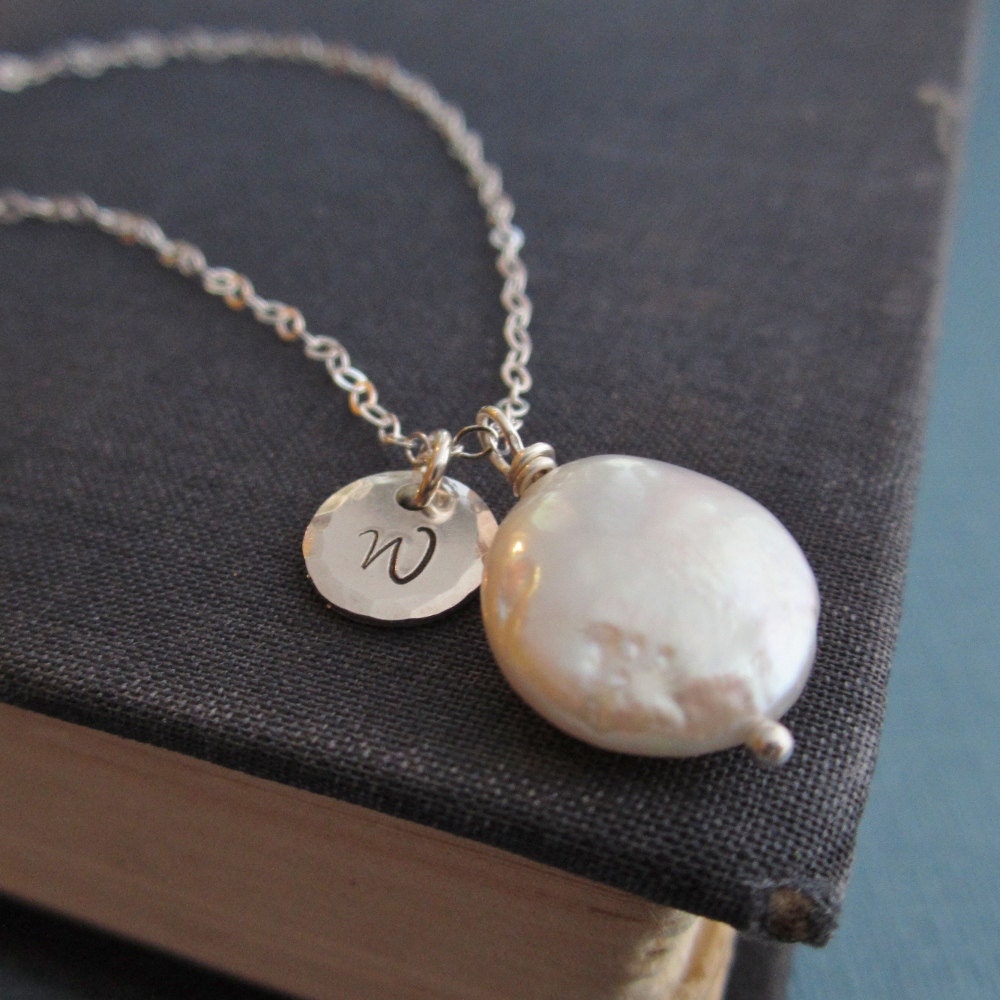 Weddings, monogram bridesmaid necklace, coin pearl necklace, sterling silver initial, personalized bridesmaid gift