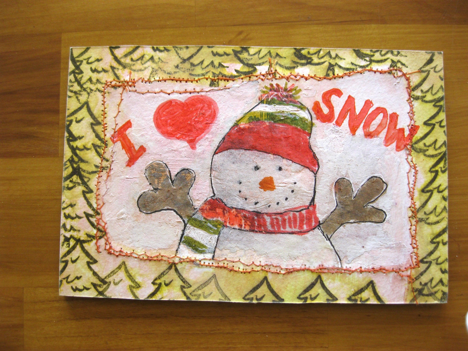 Original red and green sewn paper snowman collage - I Love Snow