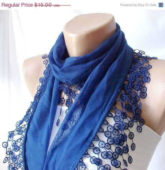 SALE - Dark Blue, Denim...Cotton Scarf..Scarf, Headband, Flower Lace