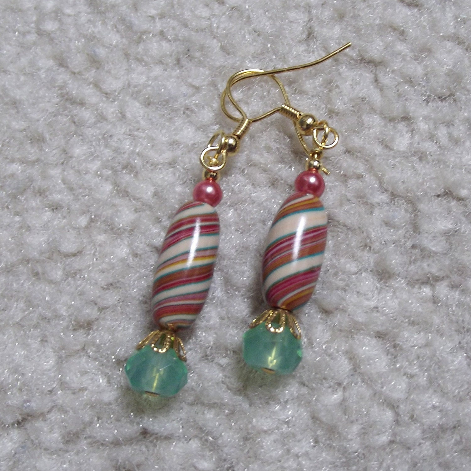 Earrings Ribbon Candy, Coral Cream Jade Green, Polymer Clay, Glass Beads