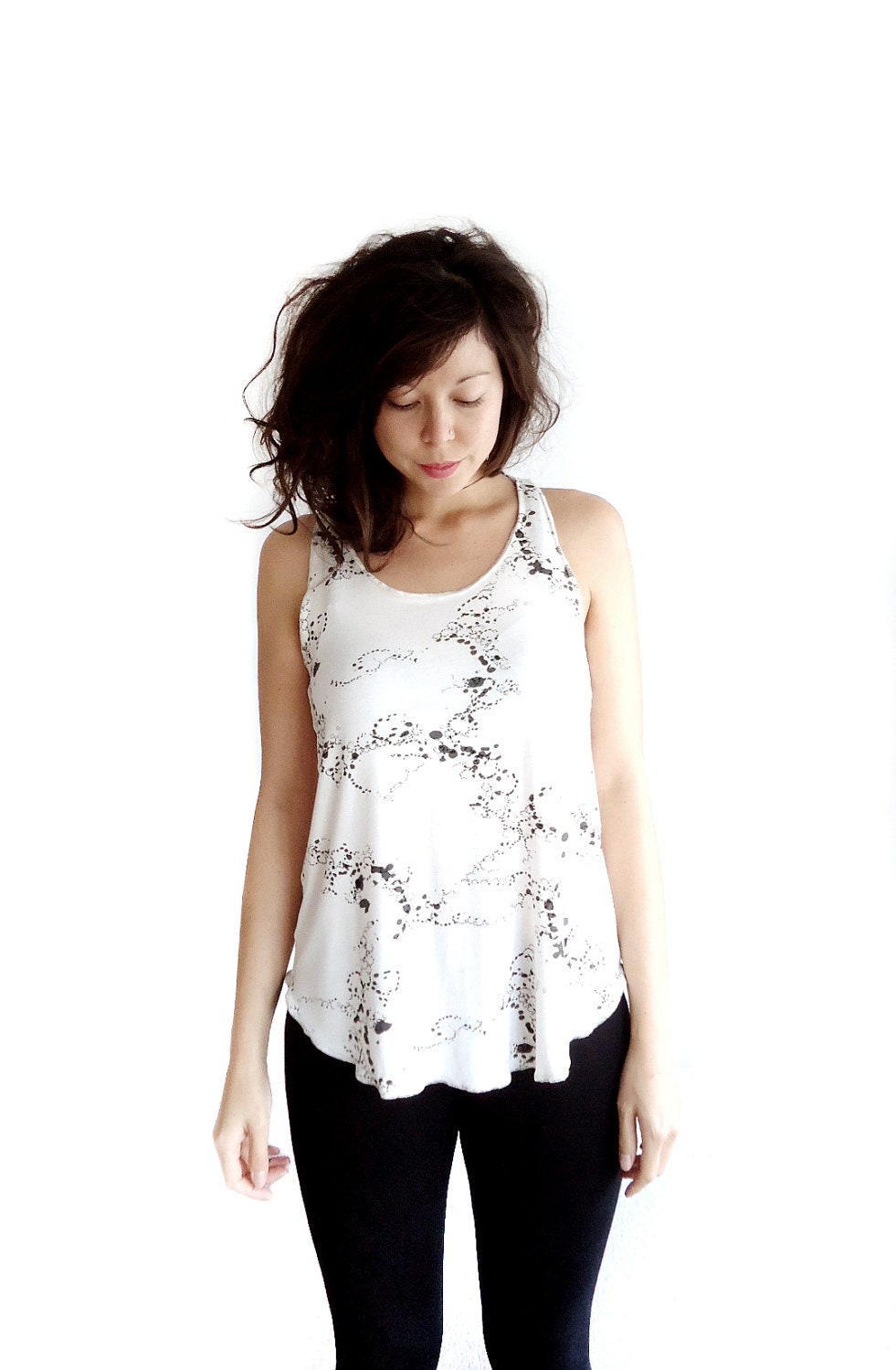 Racerback Tank Top with Scoop Hem Blush with Grey Paint Drip Detail