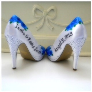 Wedding Shoes accessories name and wedding date Custom wedding ring band Blue Roses