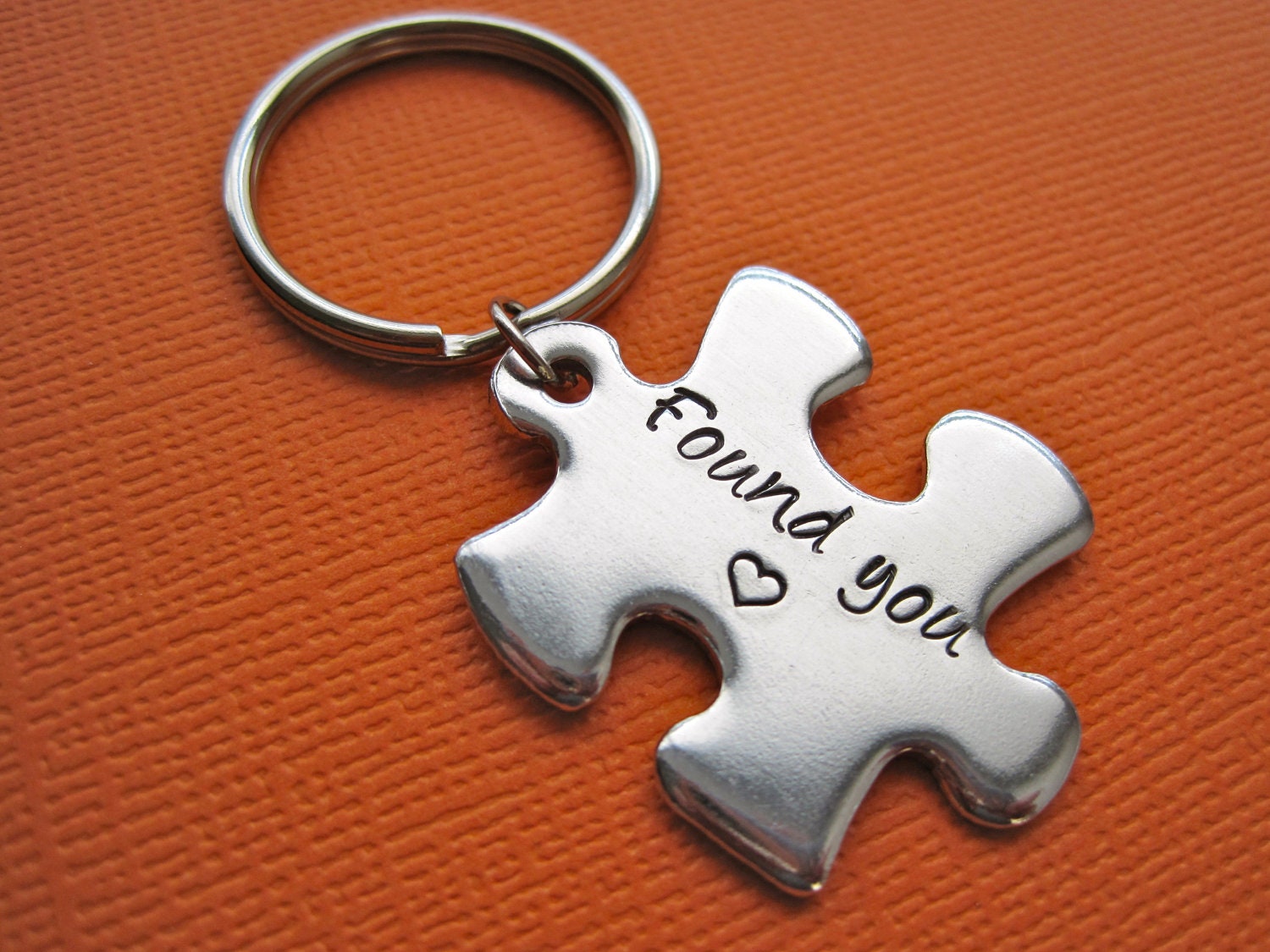 Puzzle piece Keychain - Found you - Personalized hand stamped puzzle piece key chain