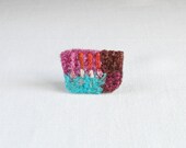 fiber art brooch - textile pin - textile brooch in fuchsia turquoise, brown