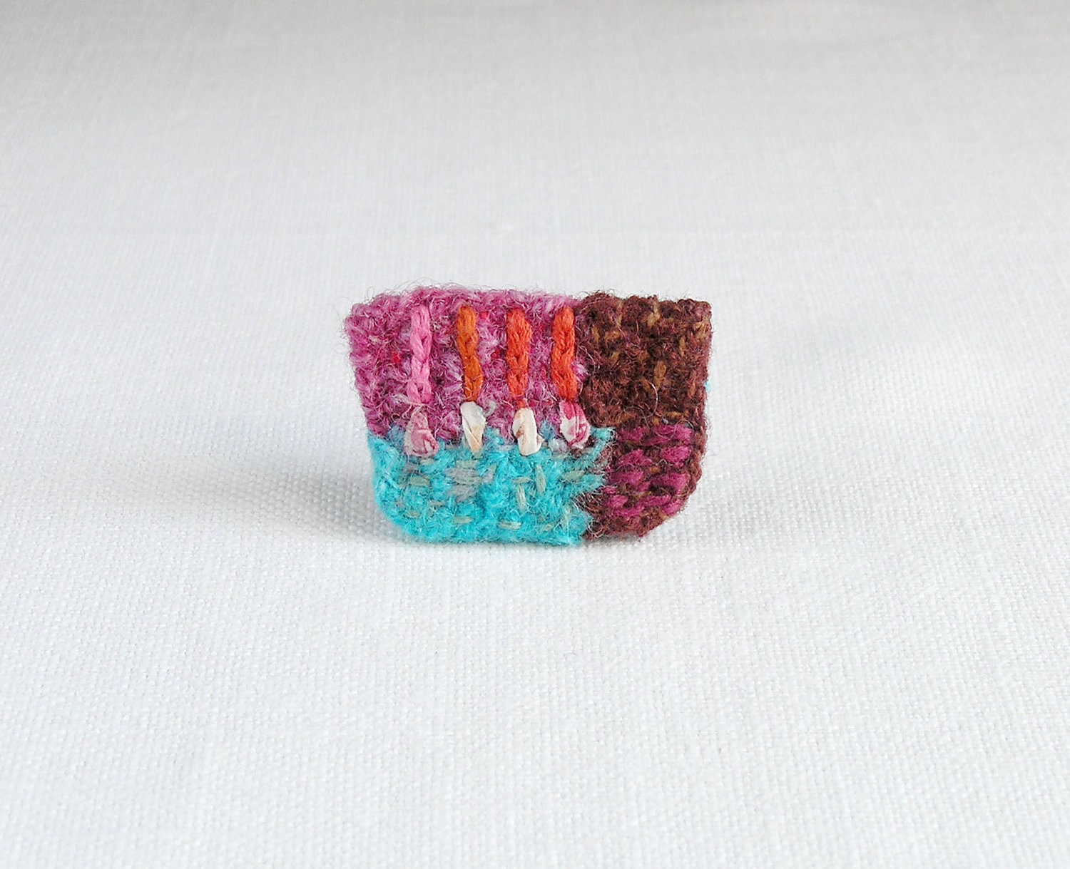 fiber art brooch - textile pin - textile brooch in fuchsia turquoise, brown