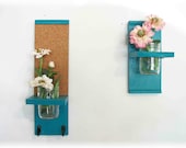 Two handmade unique colorful Kitchen or Bathroom Shelves.  Wall Mason Jar Shelf &  Message Cork Board Center in Deep Turquoise