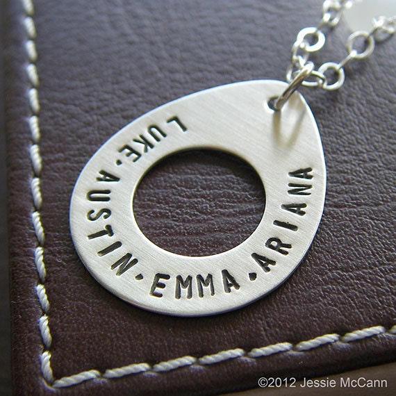 Personalized Teardrop Necklace - Sterling Silver Hand Stamped Teardrop Washer Necklace