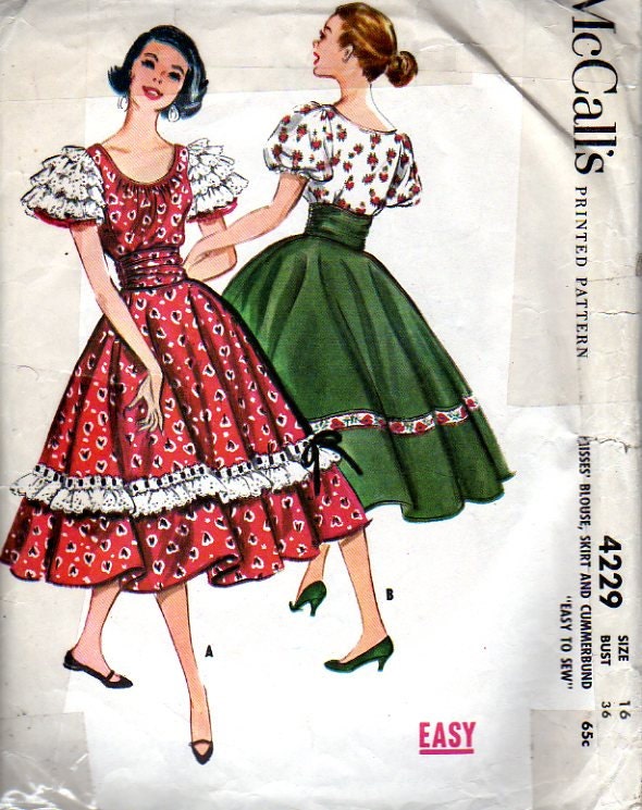 50s Sewing Pattern - Full Skirt and Blouse with Cummerbund - McCall's 4229 - Bust 36