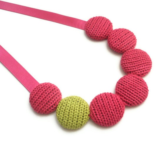 Small Knitted Cotton Necklace  - Pink and Lime  (Free UK Shipping)