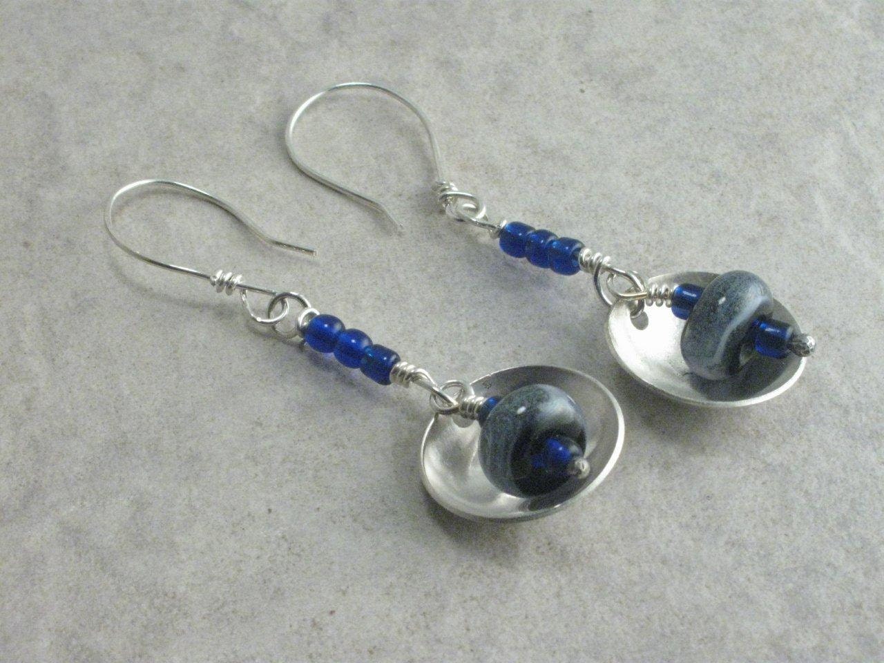 Long Sterling Silver And Black Glow in the Dark Lampwork Earrings