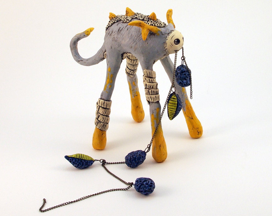 Clay Dragon Figurine, Yellow and Gray Art Object, Tall Beast Sculpture with Strange Fruits