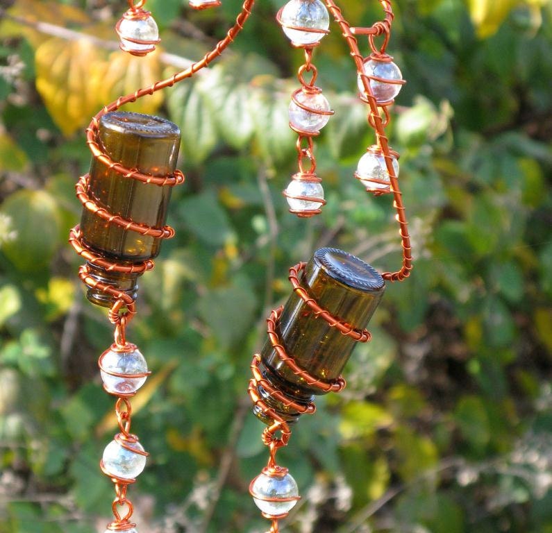 Suncatcher - Set of 2 Little Amber Spirit Bottles With Copper Wrapped Iridescent Clear Glass Marble Prisms
