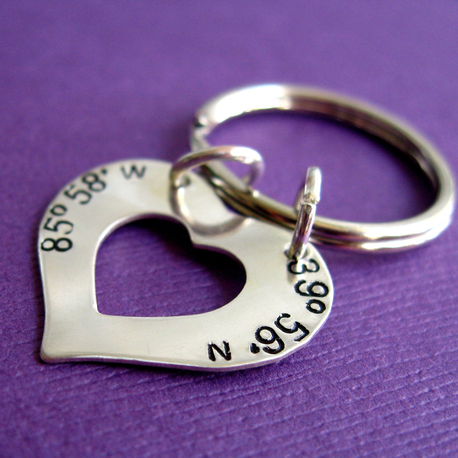 Latitude and Longitude Heart Key Chain - Personalized Sterling Silver Keychain