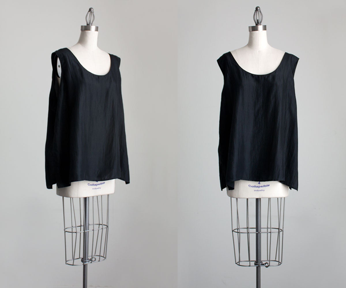 Silk Tank Shirt 1990s Vintage Black Silk Slouchy Tank Top Tunic Shirt