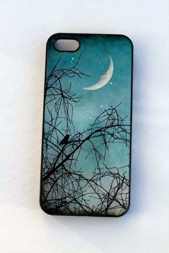 iPhone case for iPhone 5, winter photography, crescent moon, man in the moon, bird, tree, teal green blue,  evening, iPhone accessory