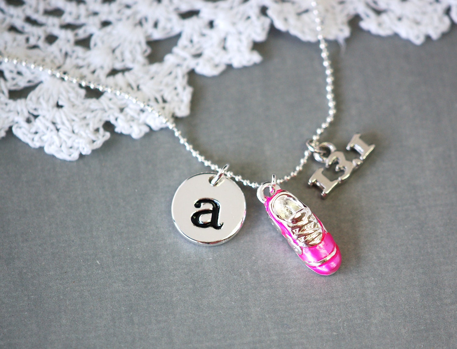Half Marathon 13.1 mile Running Shoe Charm Necklace . monogram . personalized, custom . silver plated
