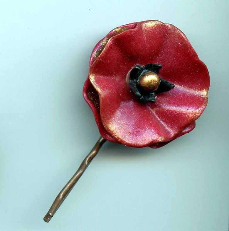 Poppy Hair Pin - Red & Black  - Polymer Clay