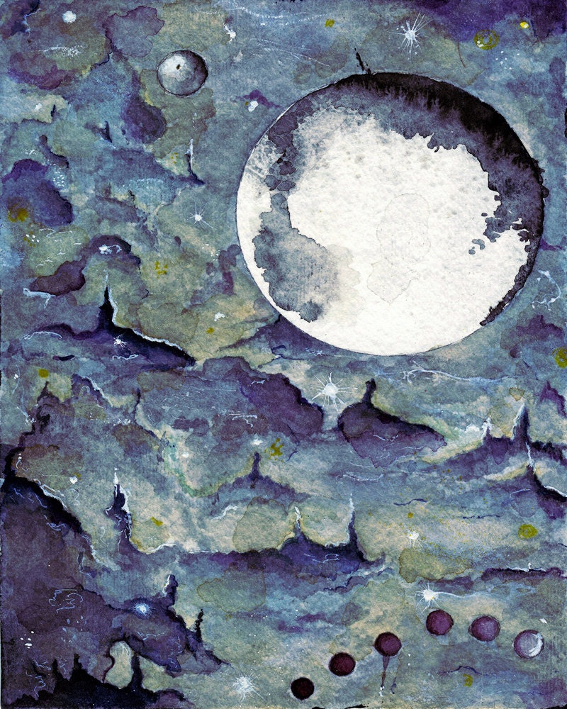 Space Galaxy Watercolor Painting Art Giclee 8x10 print blue nebula fantasy art painting purple moon planets
