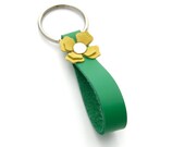 Green Summer Leather Flower Keychain, A Handmade Summer Accessory in Emerald Green and Banana Yellow