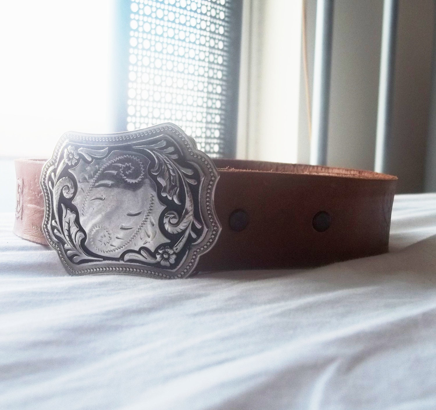 Vintage 1980s Leather Belt with silver scroll buckle GEORGE on belt sz 32 to 36.5