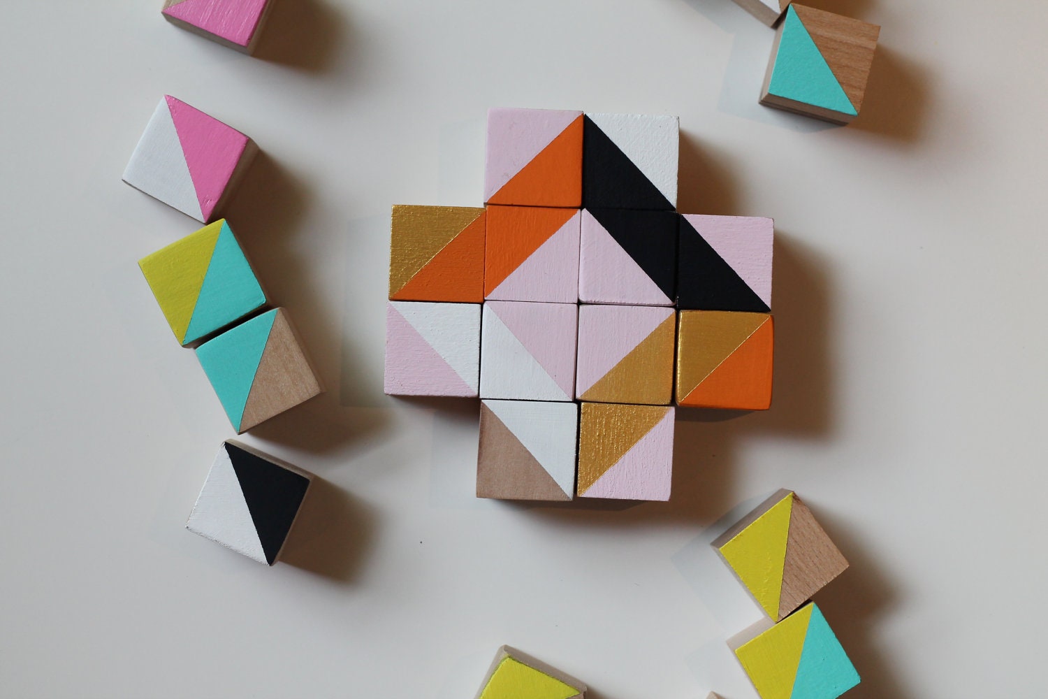 wooden cube blocks modern geometric sculpture art set metallic gold-pink-orange-blue-yellow -black and white
