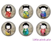 Six Magnets with Organza Gift Bag - KOKESHI DOLLS - 1.25 inches